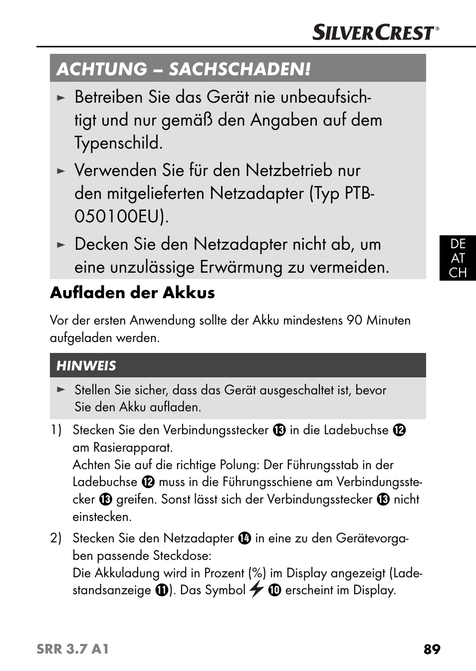 Achtung – sachschaden, Auﬂ aden der akkus | Silvercrest SRR 3.7 A1 User Manual | Page 93 / 105