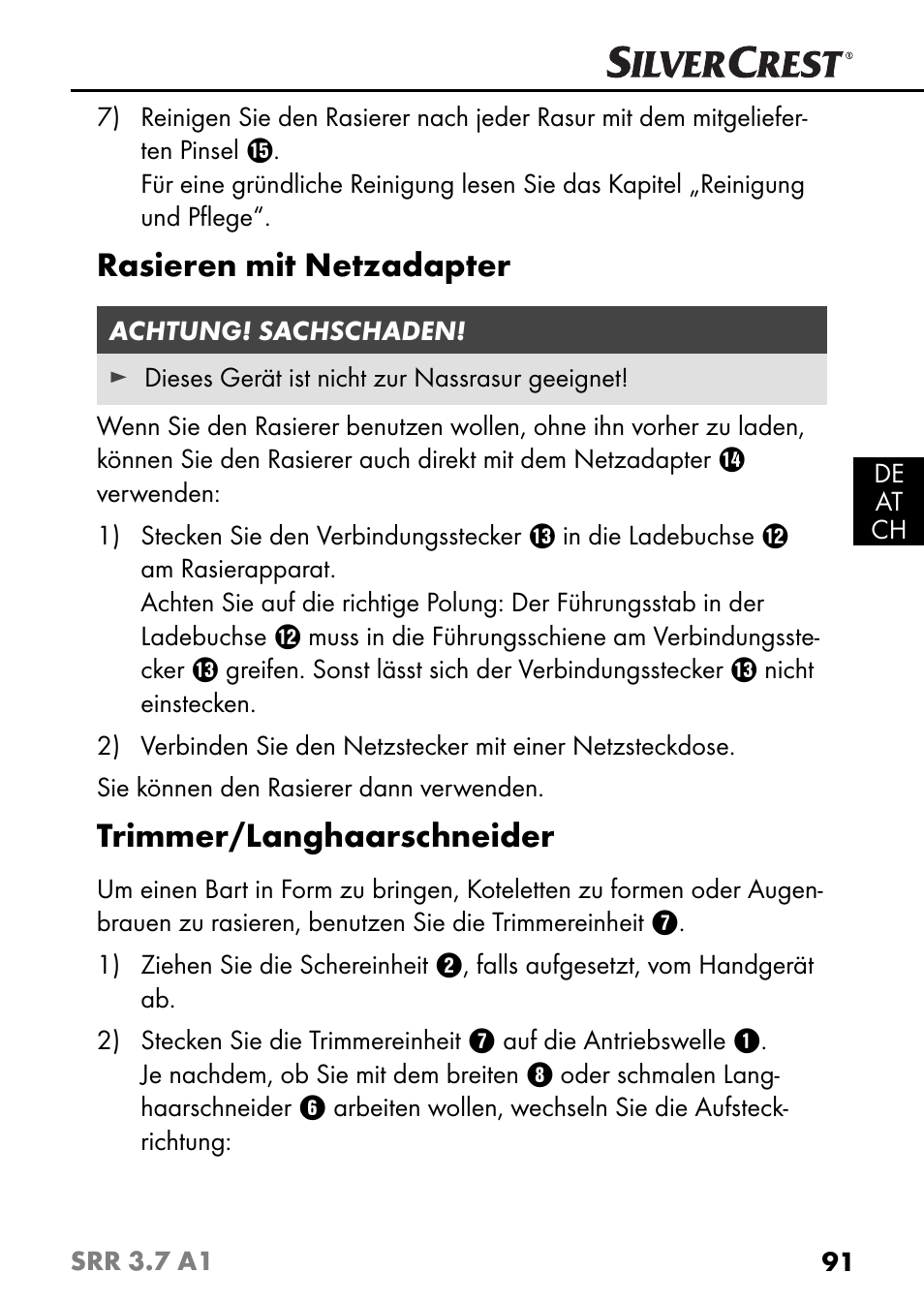 Rasieren mit netzadapter, Trimmer/langhaarschneider | Silvercrest SRR 3.7 A1 User Manual | Page 95 / 105