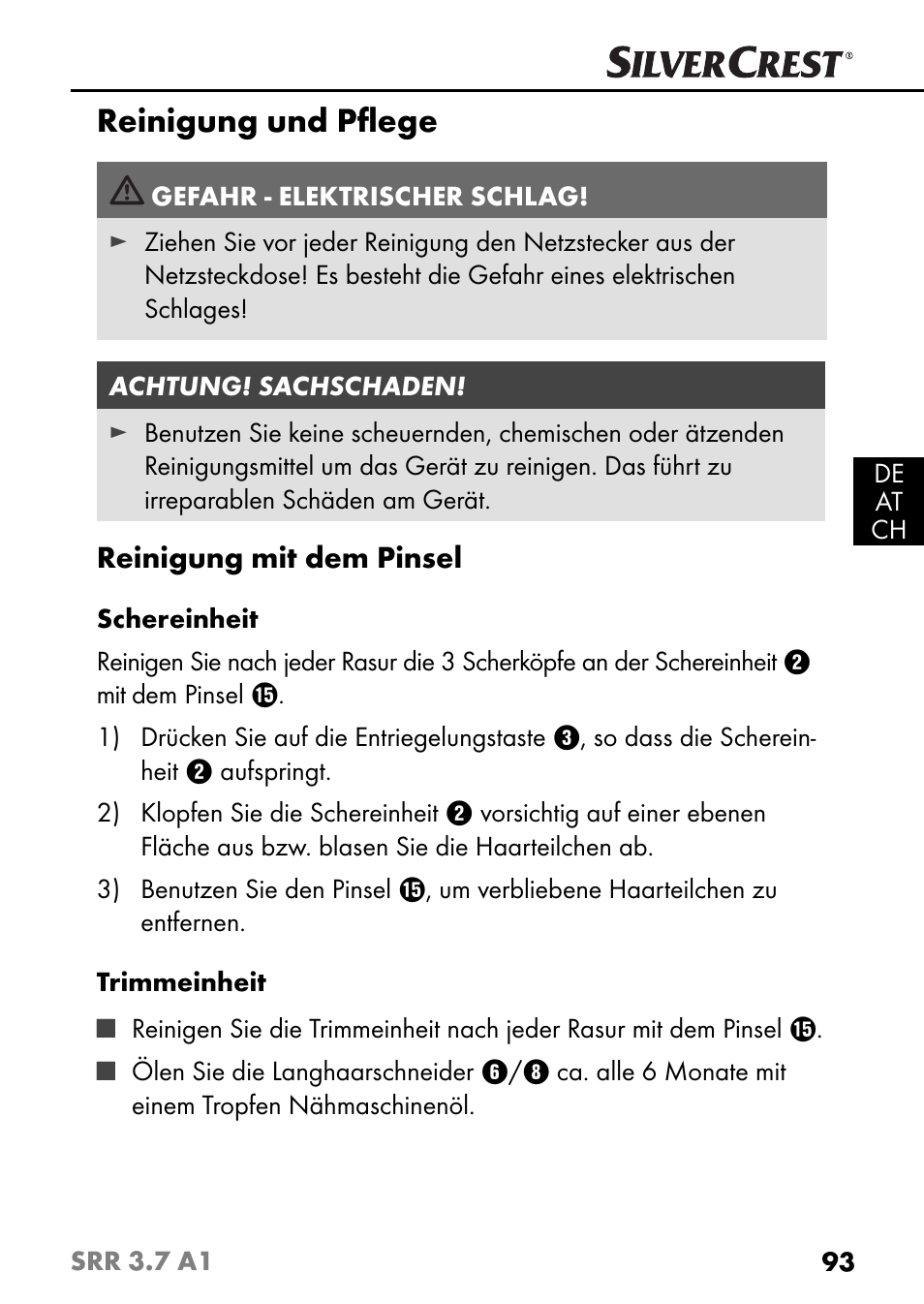 Reinigung und pﬂ ege | Silvercrest SRR 3.7 A1 User Manual | Page 97 / 105