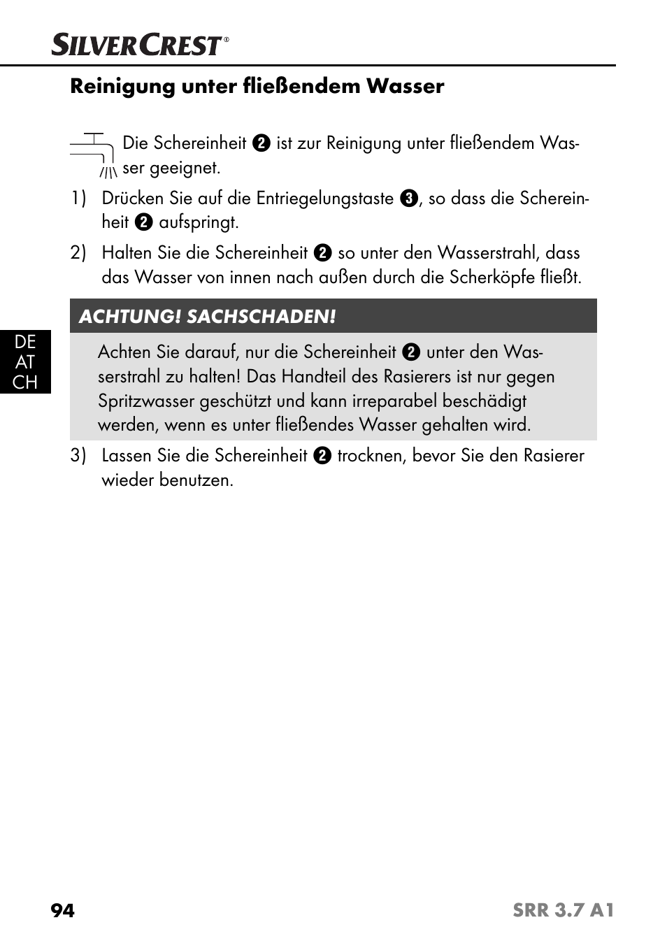 Reinigung unter ﬂ ießendem wasser | Silvercrest SRR 3.7 A1 User Manual | Page 98 / 105