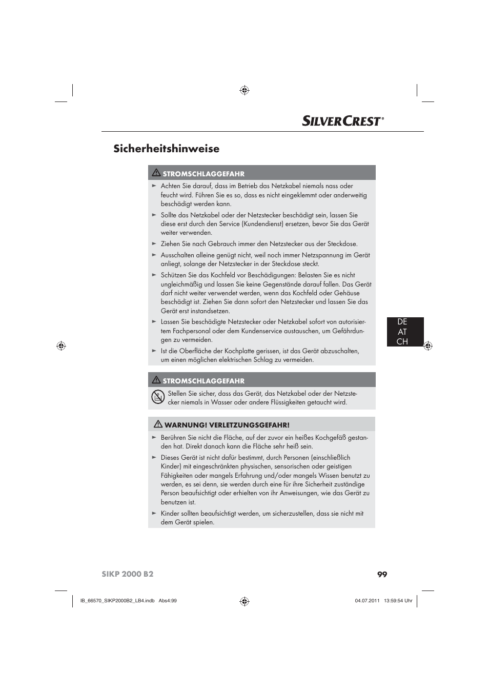 Sicherheitshinweise, De at ch | Silvercrest SIKP 2000 B2 User Manual | Page 101 / 113