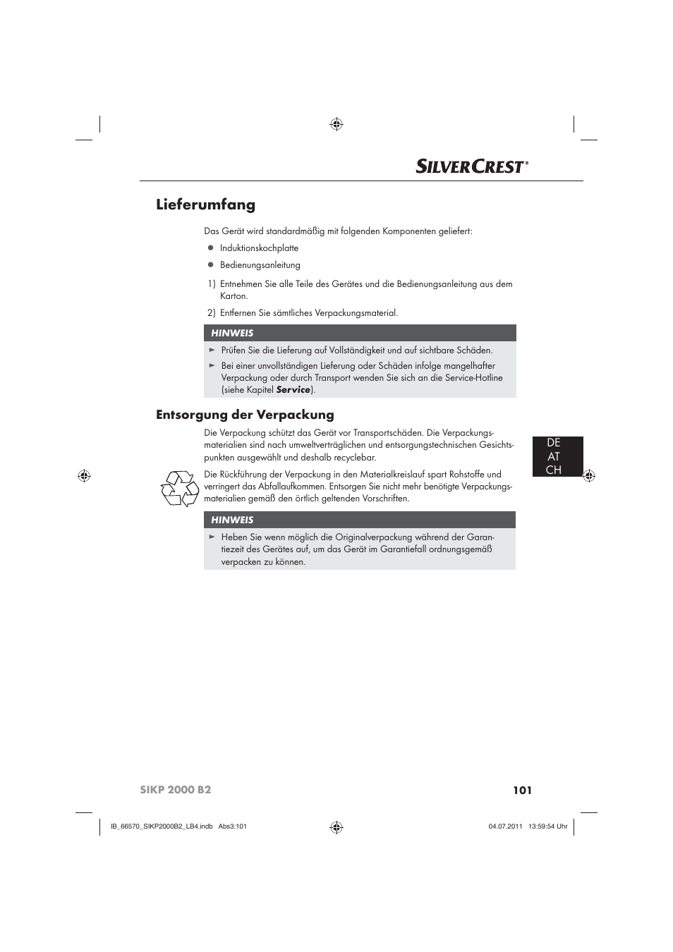 Lieferumfang, Entsorgung der verpackung, De at ch | Silvercrest SIKP 2000 B2 User Manual | Page 103 / 113