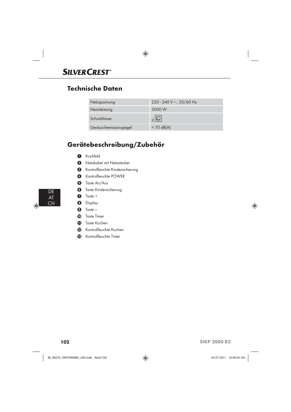 Technische daten, Gerätebeschreibung/zubehör, De at ch | Silvercrest SIKP 2000 B2 User Manual | Page 104 / 113