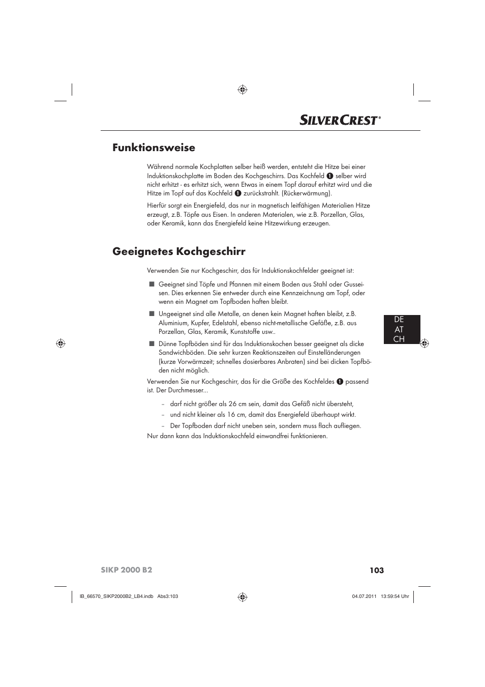 Funktionsweise, Geeignetes kochgeschirr, De at ch | Silvercrest SIKP 2000 B2 User Manual | Page 105 / 113