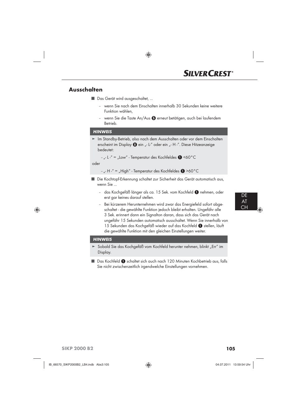 Ausschalten, De at ch | Silvercrest SIKP 2000 B2 User Manual | Page 107 / 113