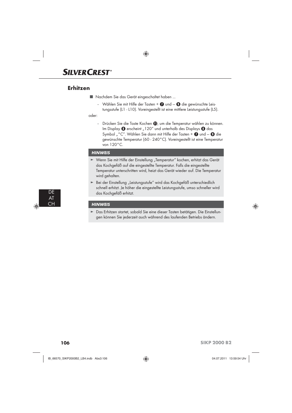 Erhitzen, De at ch | Silvercrest SIKP 2000 B2 User Manual | Page 108 / 113