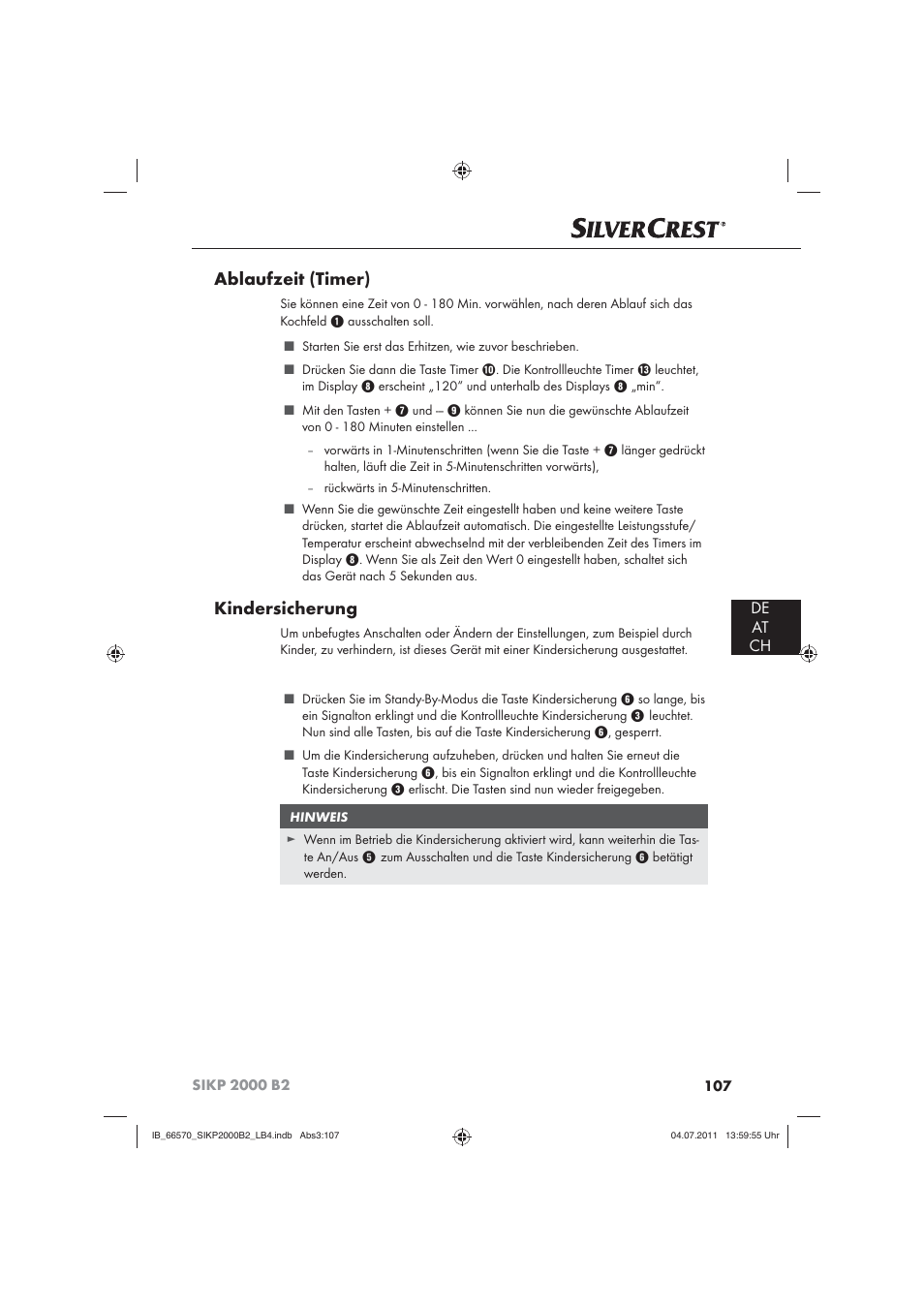 Ablaufzeit (timer), Kindersicherung, De at ch | Silvercrest SIKP 2000 B2 User Manual | Page 109 / 113