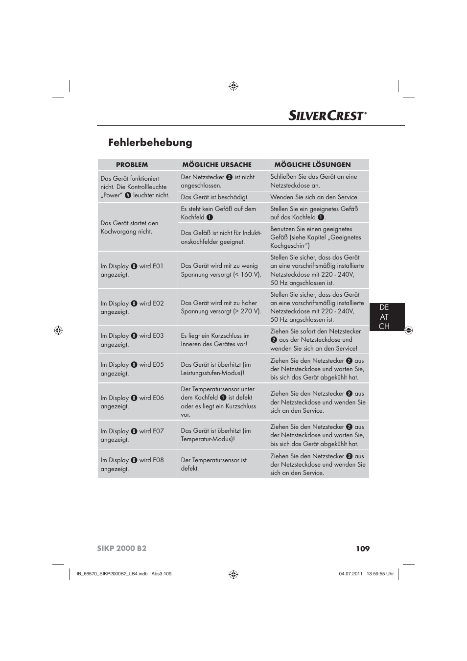 Fehlerbehebung, De at ch | Silvercrest SIKP 2000 B2 User Manual | Page 111 / 113