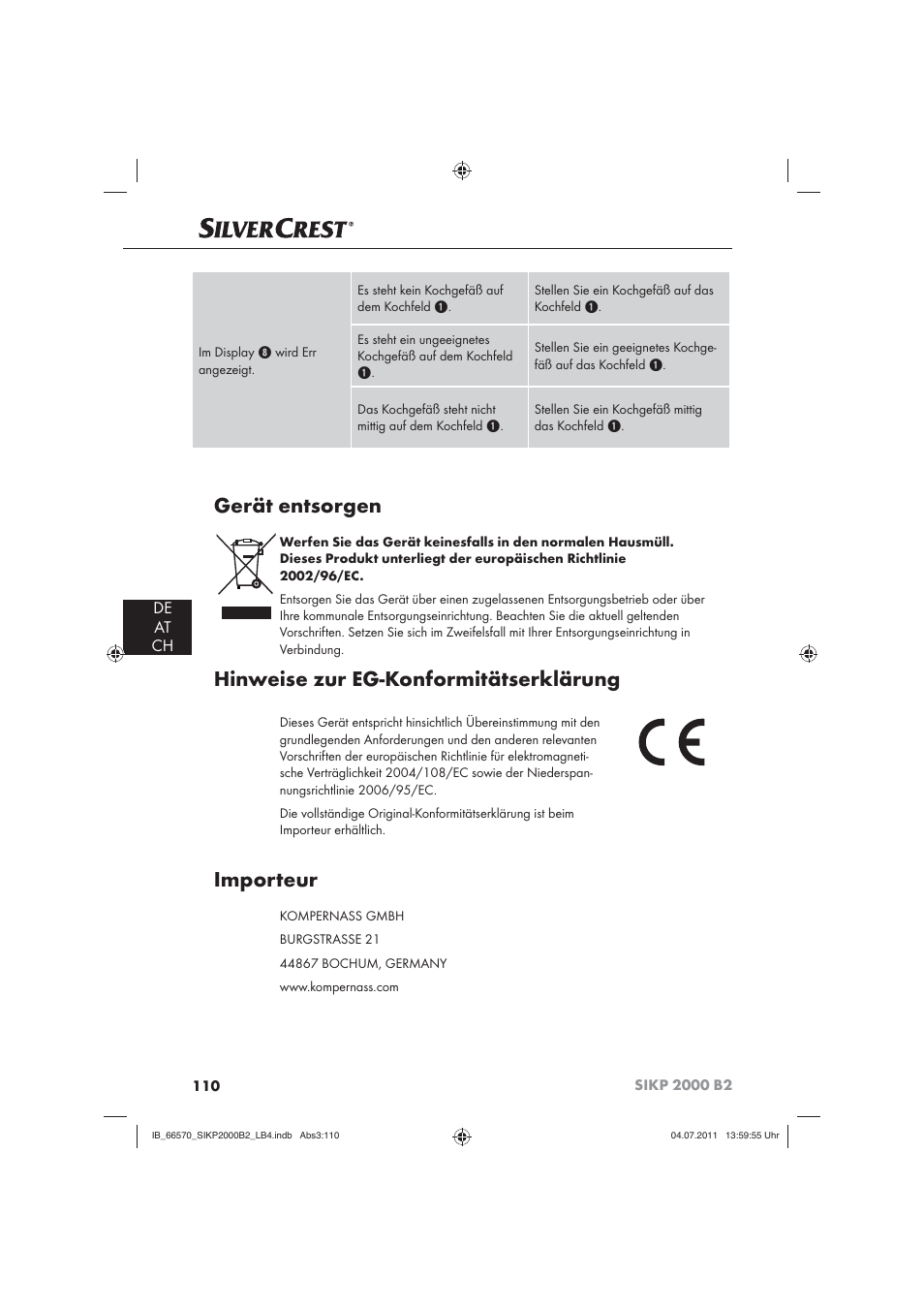 Gerät entsorgen, Hinweise zur eg-konformitätserklärung, Importeur | De at ch | Silvercrest SIKP 2000 B2 User Manual | Page 112 / 113