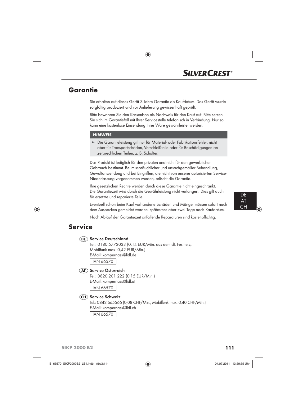 Garantie, Service, De at ch | Silvercrest SIKP 2000 B2 User Manual | Page 113 / 113