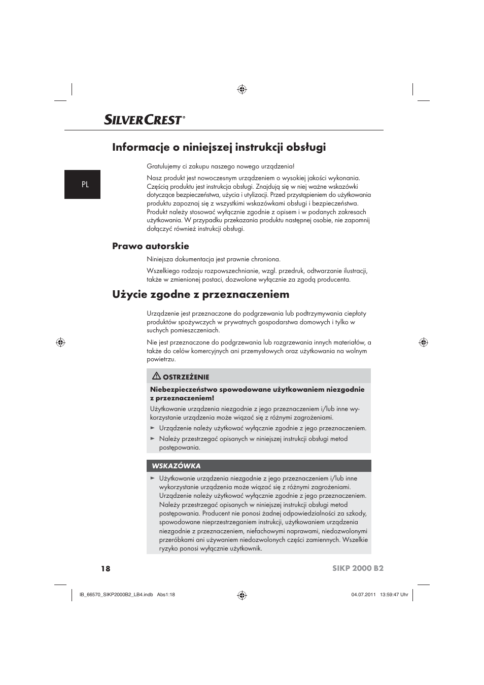 Informacje o niniejszej instrukcji obsługi, Użycie zgodne z przeznaczeniem, Prawo autorskie | Silvercrest SIKP 2000 B2 User Manual | Page 20 / 113