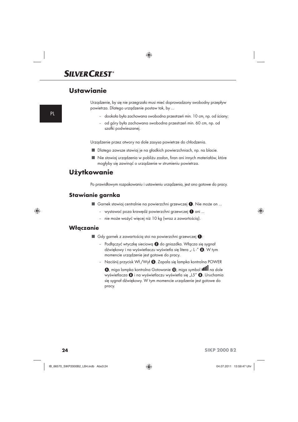 Ustawianie, Użytkowanie, Stawianie garnka | Włączanie | Silvercrest SIKP 2000 B2 User Manual | Page 26 / 113