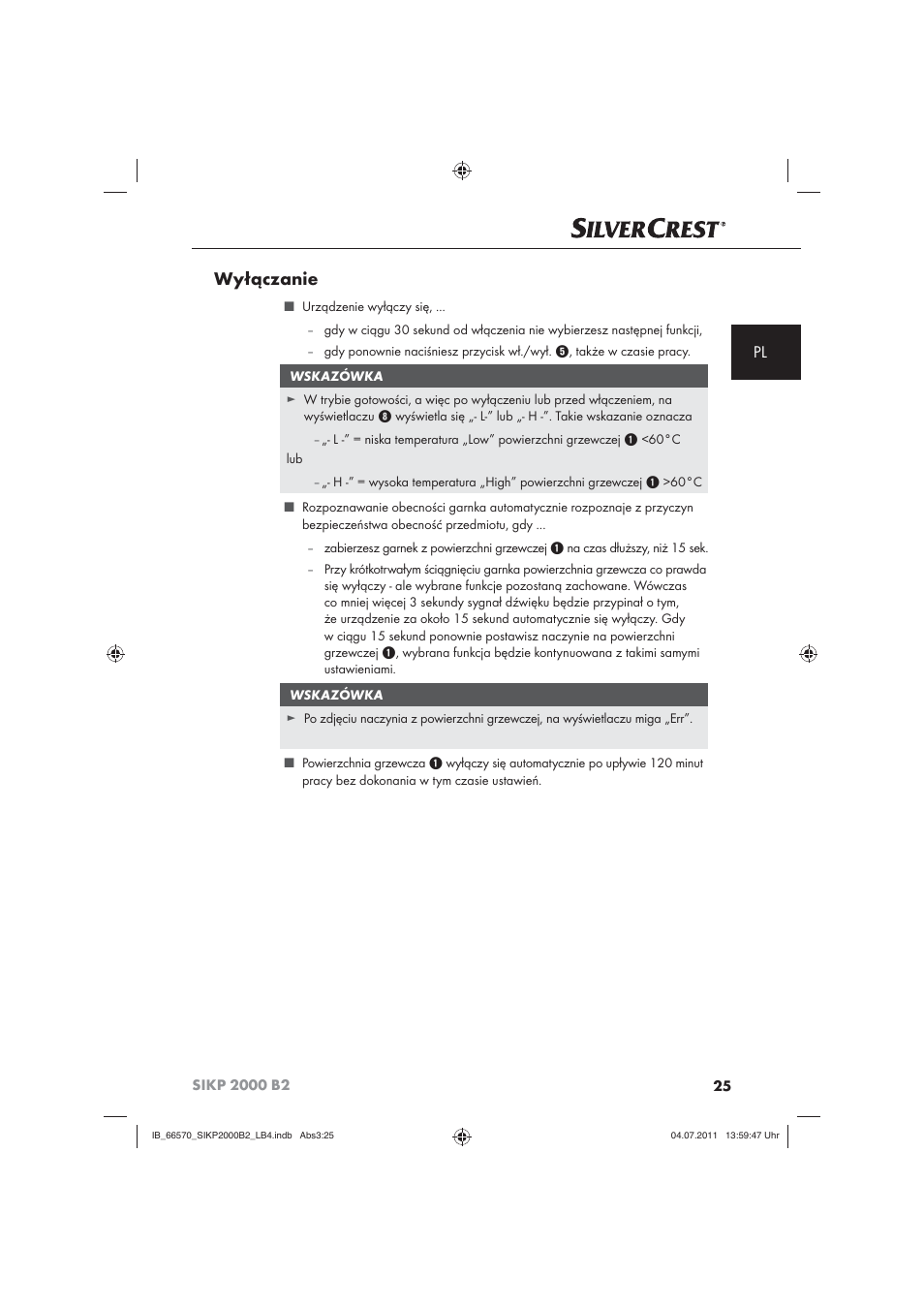 Wyłączanie | Silvercrest SIKP 2000 B2 User Manual | Page 27 / 113