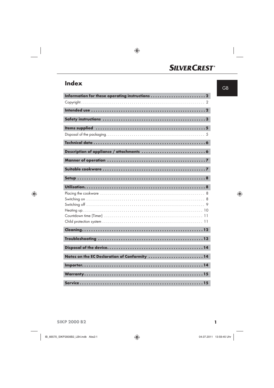 Index | Silvercrest SIKP 2000 B2 User Manual | Page 3 / 113
