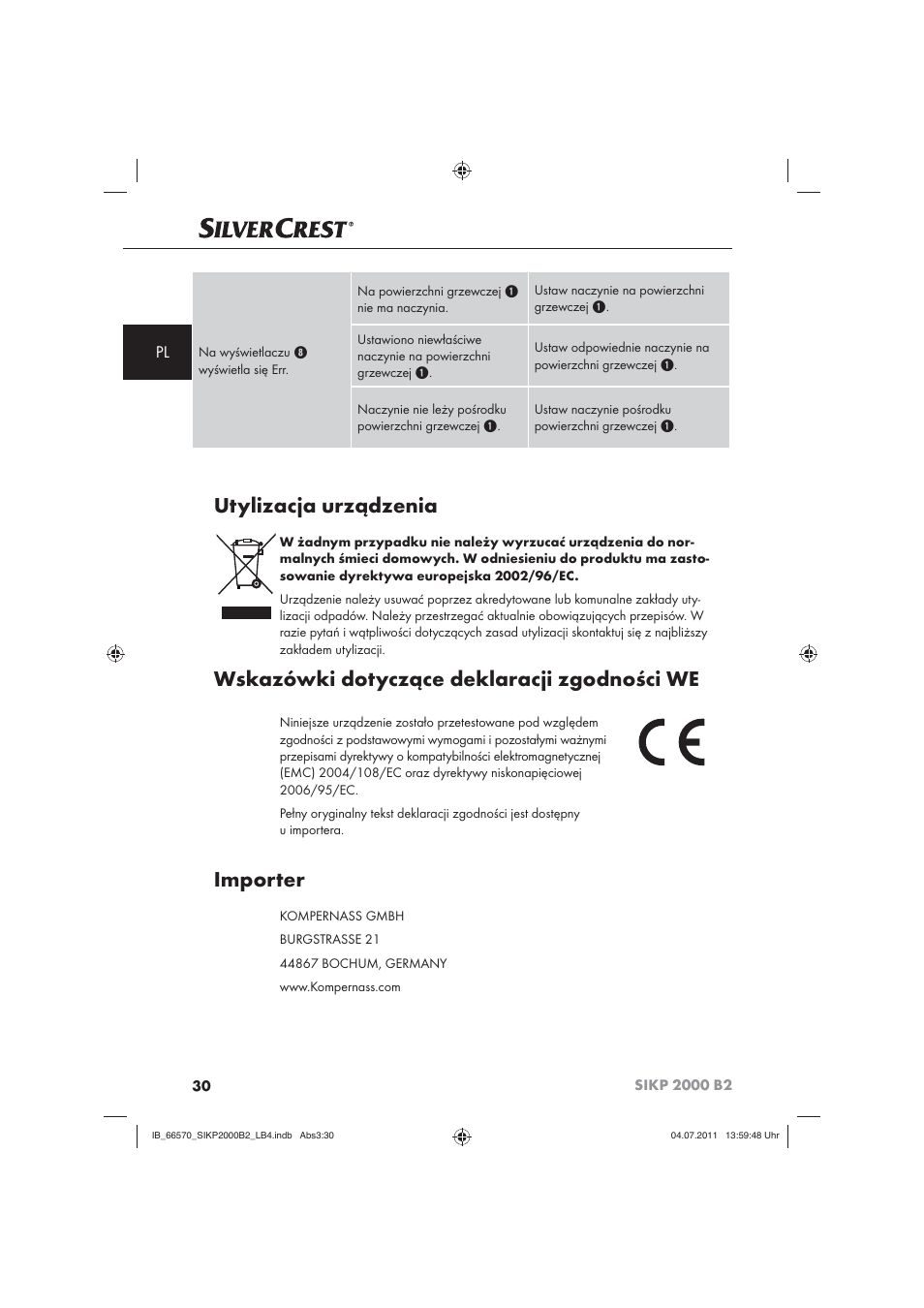 Utylizacja urządzenia, Wskazówki dotyczące deklaracji zgodności we, Importer | Silvercrest SIKP 2000 B2 User Manual | Page 32 / 113