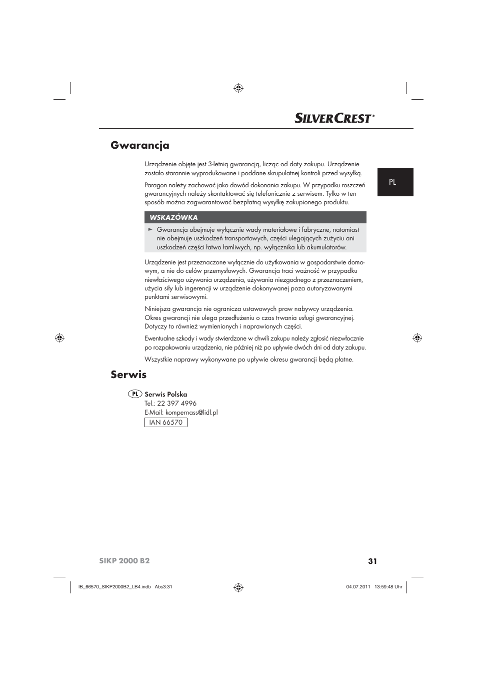 Gwarancja, Serwis | Silvercrest SIKP 2000 B2 User Manual | Page 33 / 113