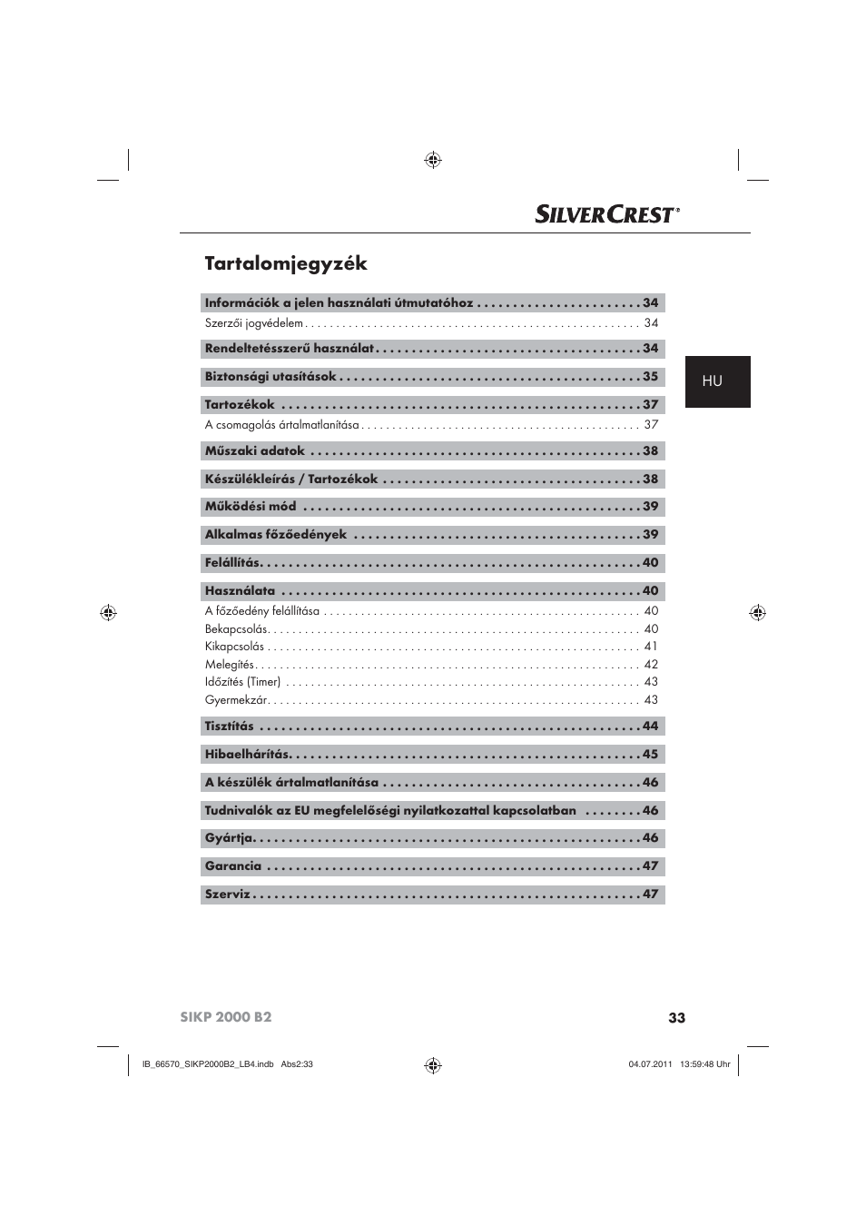 Tartalomjegyzék | Silvercrest SIKP 2000 B2 User Manual | Page 35 / 113