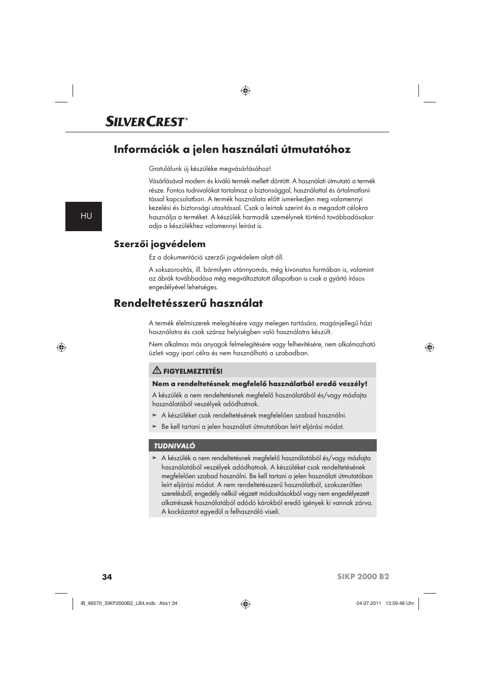 Információk a jelen használati útmutatóhoz, Rendeltetésszerű használat, Szerzői jogvédelem | Silvercrest SIKP 2000 B2 User Manual | Page 36 / 113