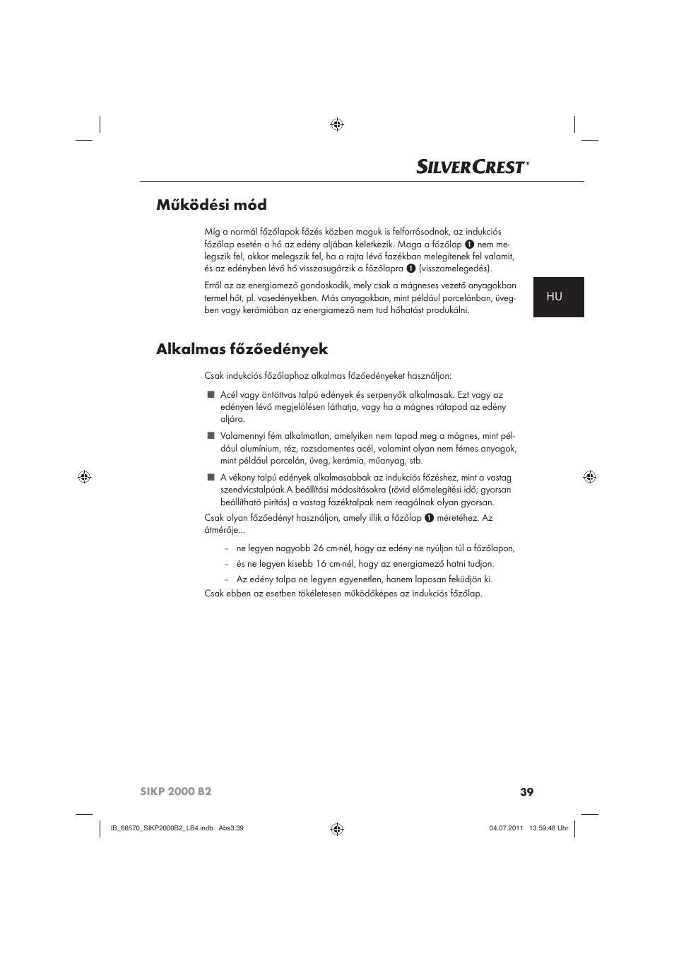 Működési mód, Alkalmas főzőedények | Silvercrest SIKP 2000 B2 User Manual | Page 41 / 113