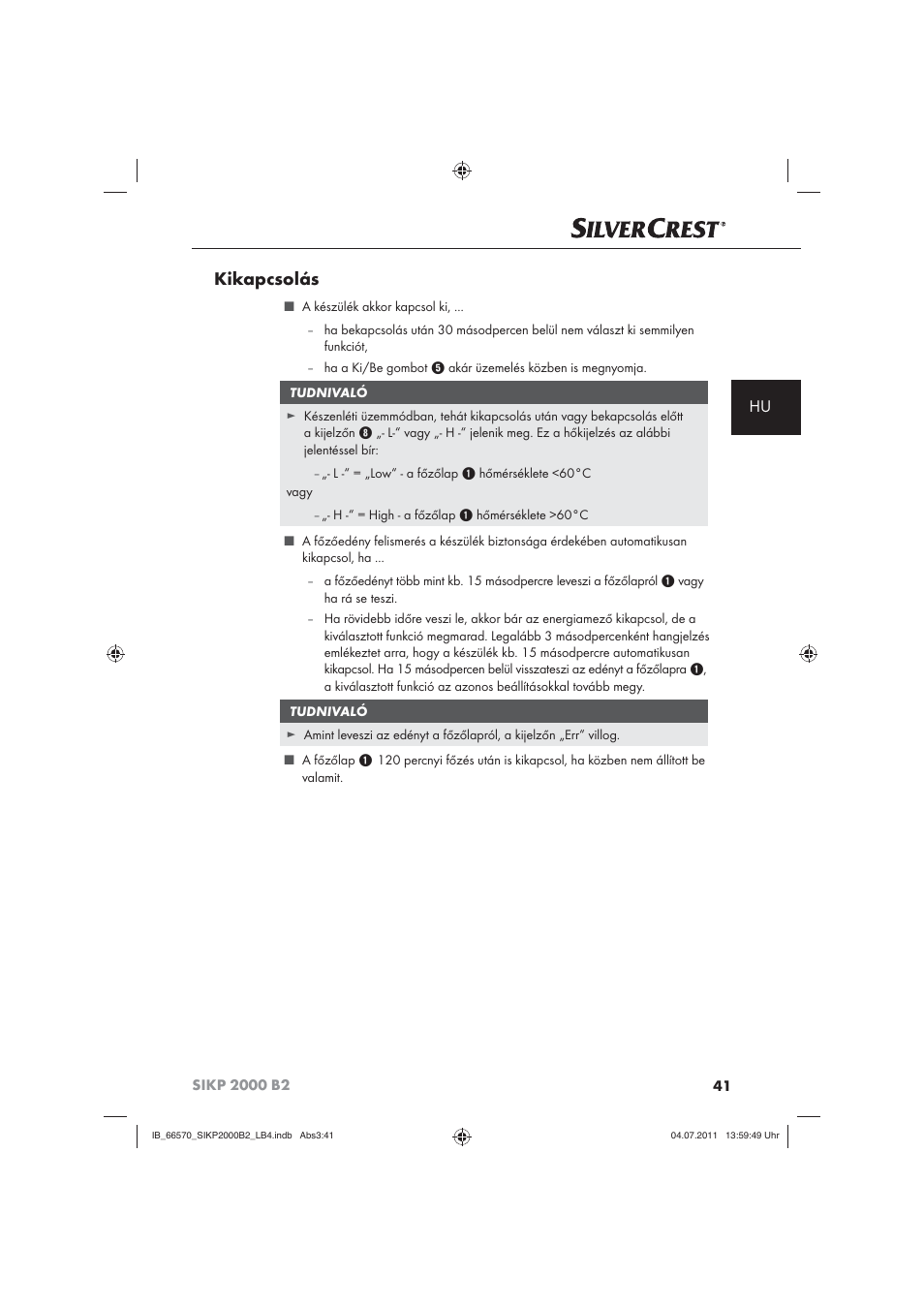 Kikapcsolás | Silvercrest SIKP 2000 B2 User Manual | Page 43 / 113