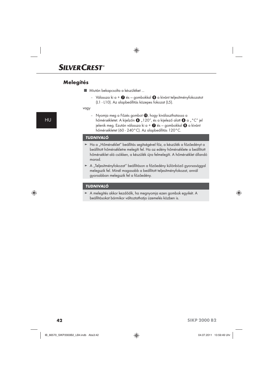 Melegítés | Silvercrest SIKP 2000 B2 User Manual | Page 44 / 113