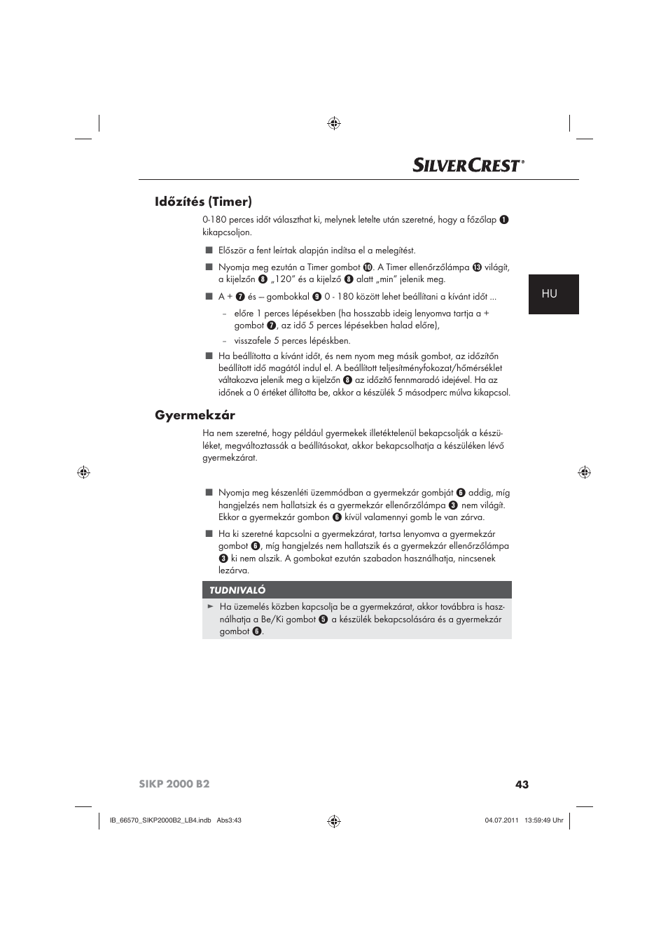 Időzítés (timer), Gyermekzár | Silvercrest SIKP 2000 B2 User Manual | Page 45 / 113