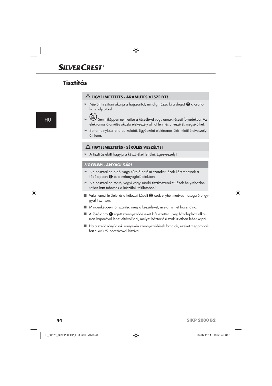 Tisztítás | Silvercrest SIKP 2000 B2 User Manual | Page 46 / 113