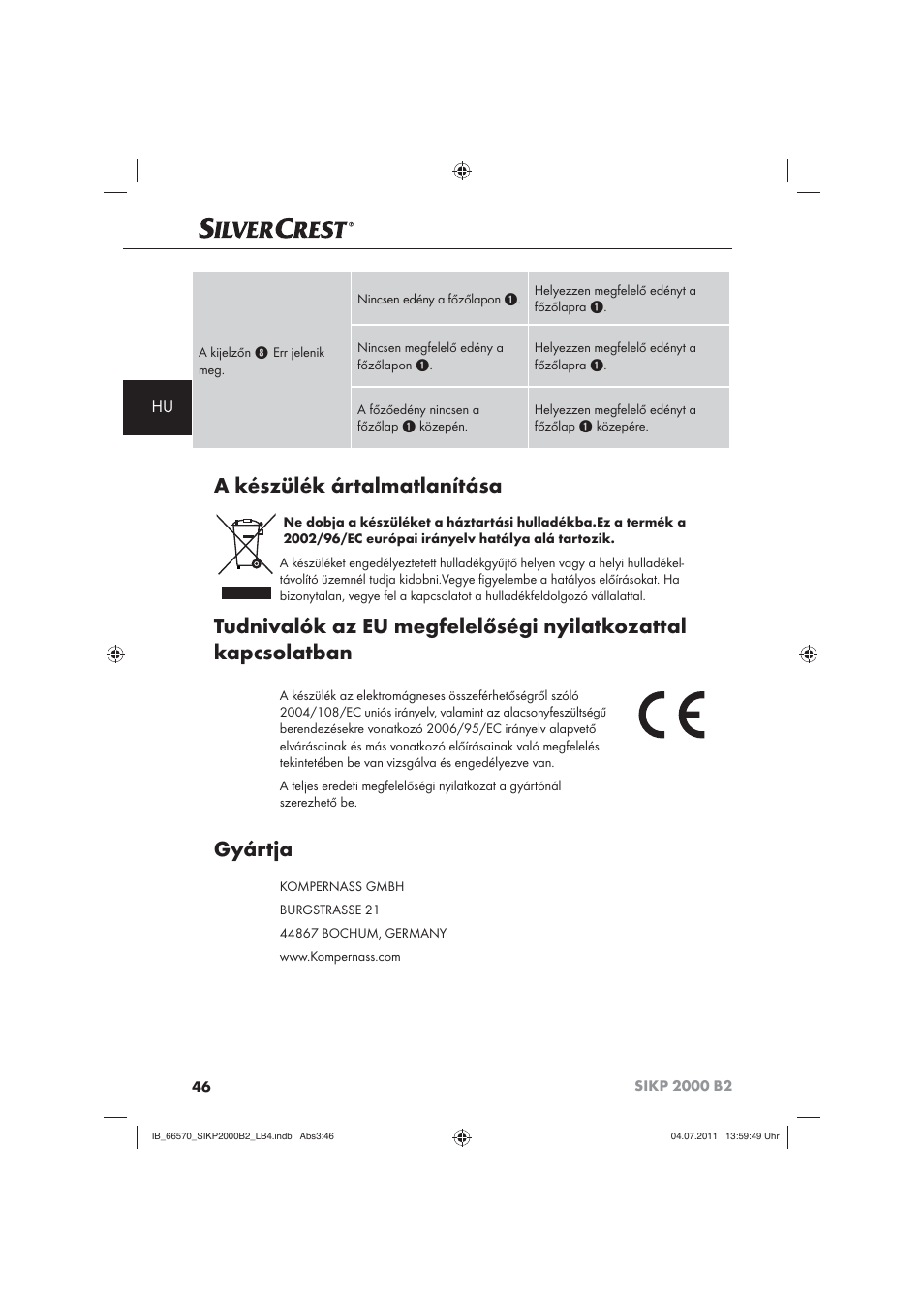 A készülék ártalmatlanítása, Gyártja | Silvercrest SIKP 2000 B2 User Manual | Page 48 / 113