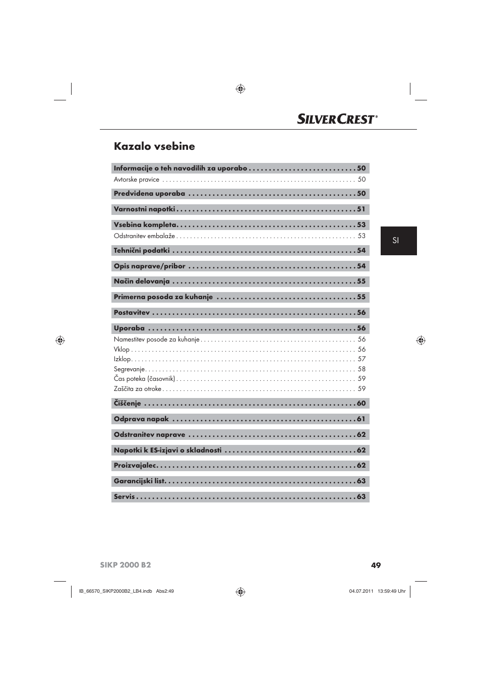 Kazalo vsebine | Silvercrest SIKP 2000 B2 User Manual | Page 51 / 113