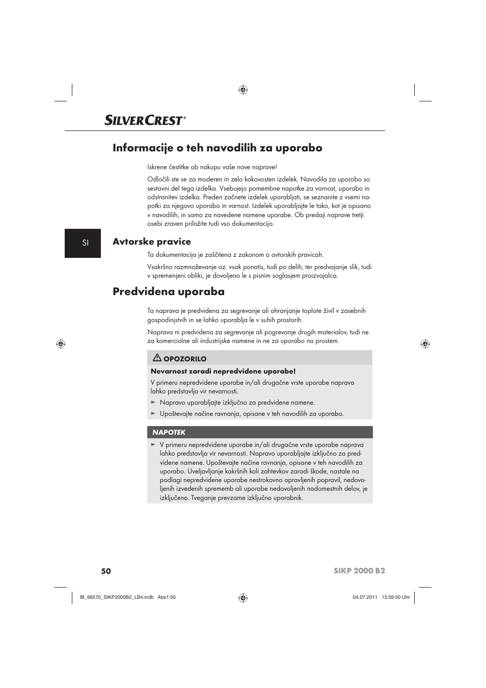 Informacije o teh navodilih za uporabo, Predvidena uporaba, Avtorske pravice | Silvercrest SIKP 2000 B2 User Manual | Page 52 / 113