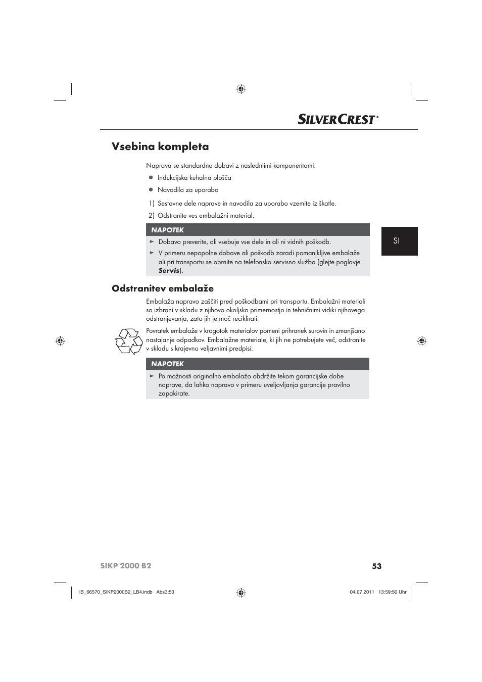 Vsebina kompleta, Odstranitev embalaže | Silvercrest SIKP 2000 B2 User Manual | Page 55 / 113