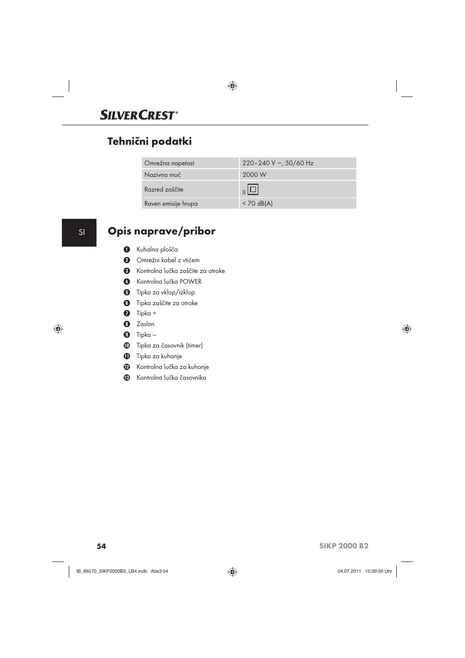 Tehnični podatki, Opis naprave/pribor | Silvercrest SIKP 2000 B2 User Manual | Page 56 / 113