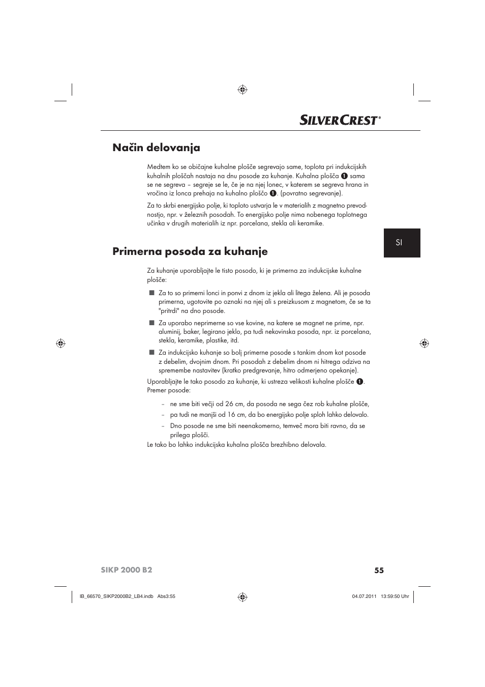 Način delovanja, Primerna posoda za kuhanje | Silvercrest SIKP 2000 B2 User Manual | Page 57 / 113