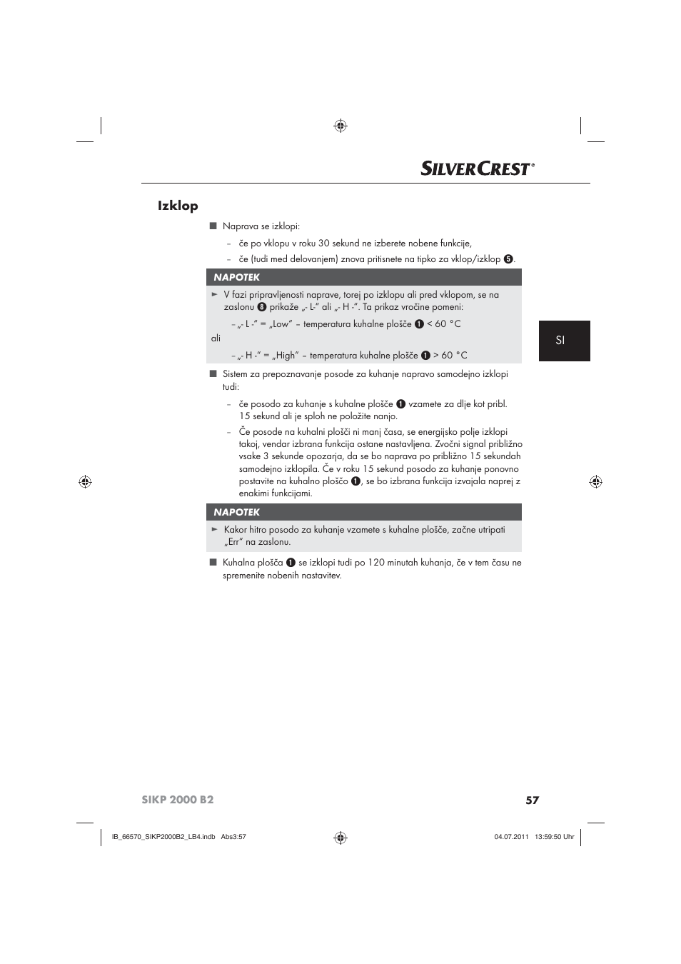 Izklop | Silvercrest SIKP 2000 B2 User Manual | Page 59 / 113