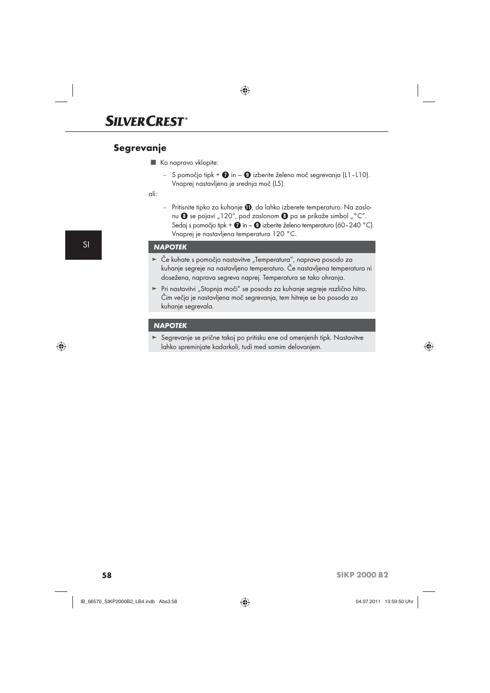 Segrevanje | Silvercrest SIKP 2000 B2 User Manual | Page 60 / 113