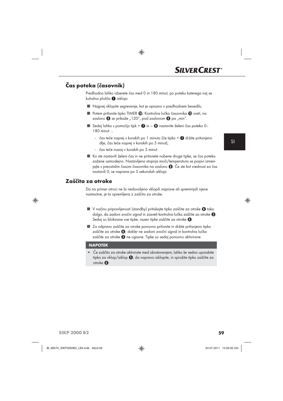Čas poteka (časovnik), Zaščita za otroke | Silvercrest SIKP 2000 B2 User Manual | Page 61 / 113
