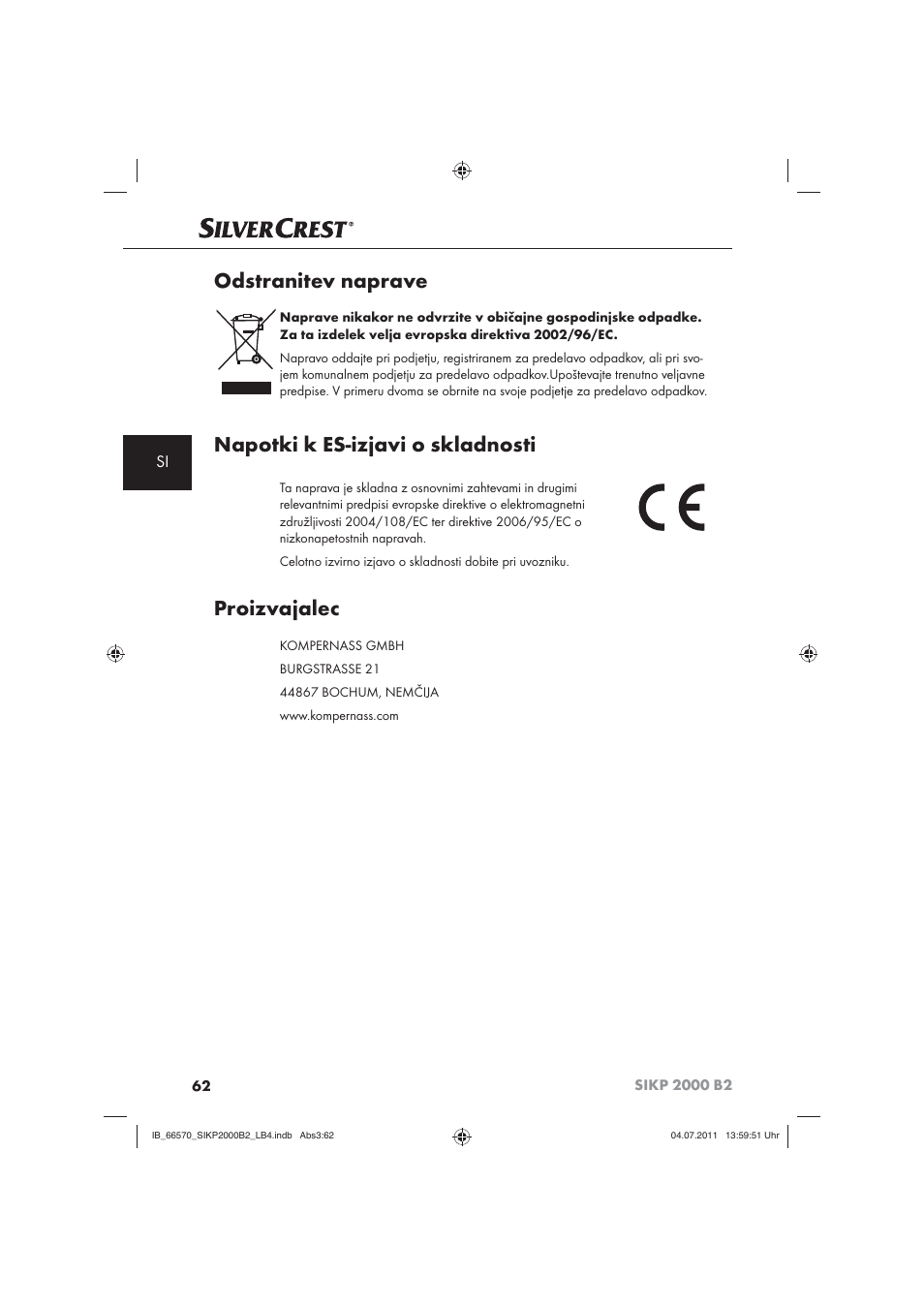 Odstranitev naprave, Napotki k es-izjavi o skladnosti, Proizvajalec | Silvercrest SIKP 2000 B2 User Manual | Page 64 / 113