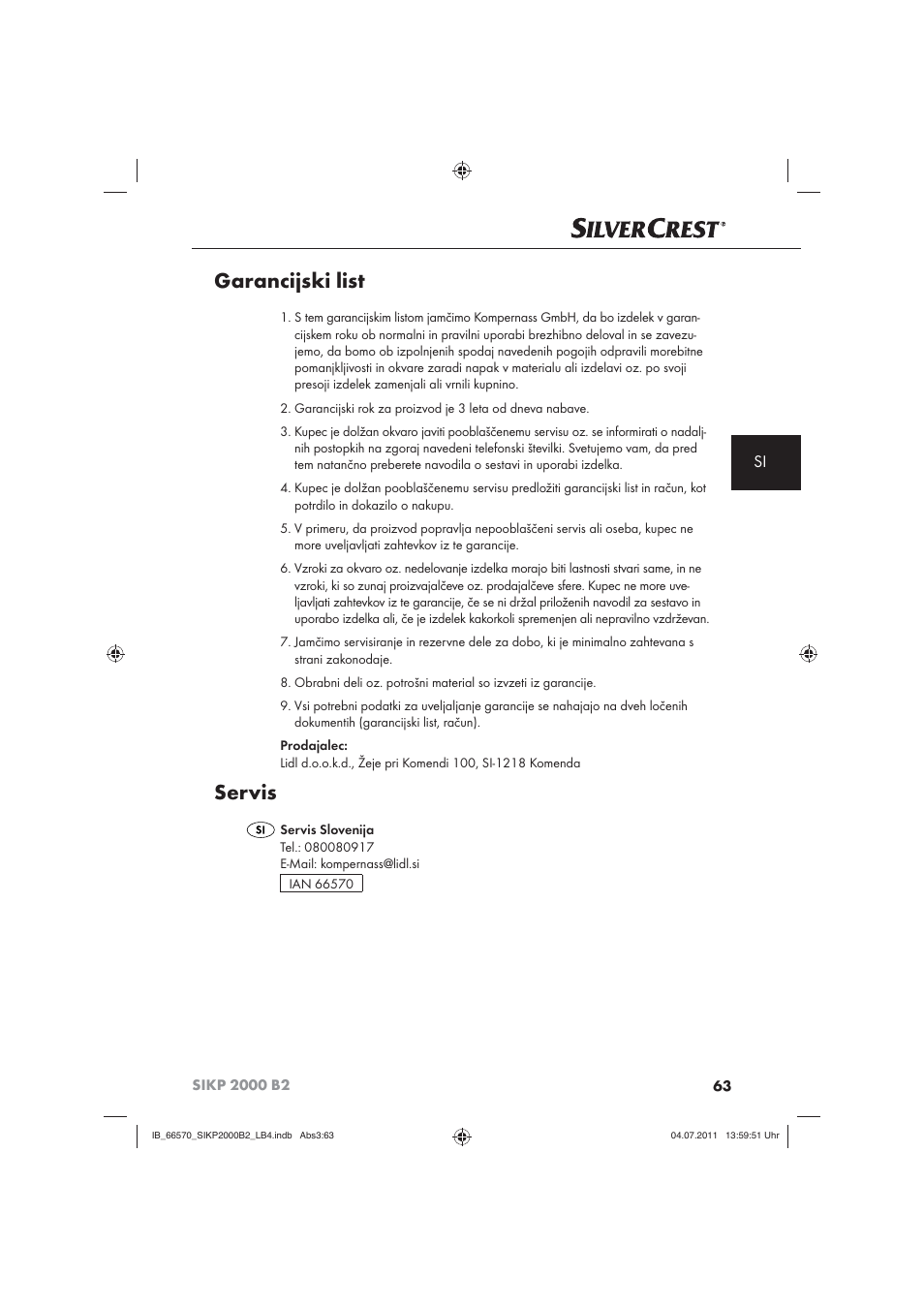 Garancijski list, Servis | Silvercrest SIKP 2000 B2 User Manual | Page 65 / 113