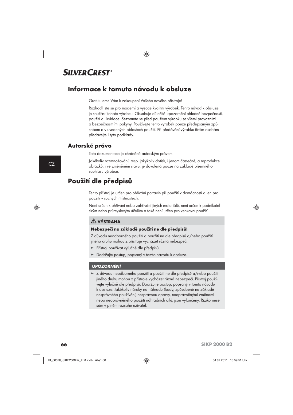 Informace k tomuto návodu k obsluze, Použití dle předpisů, Autorské právo | Silvercrest SIKP 2000 B2 User Manual | Page 68 / 113