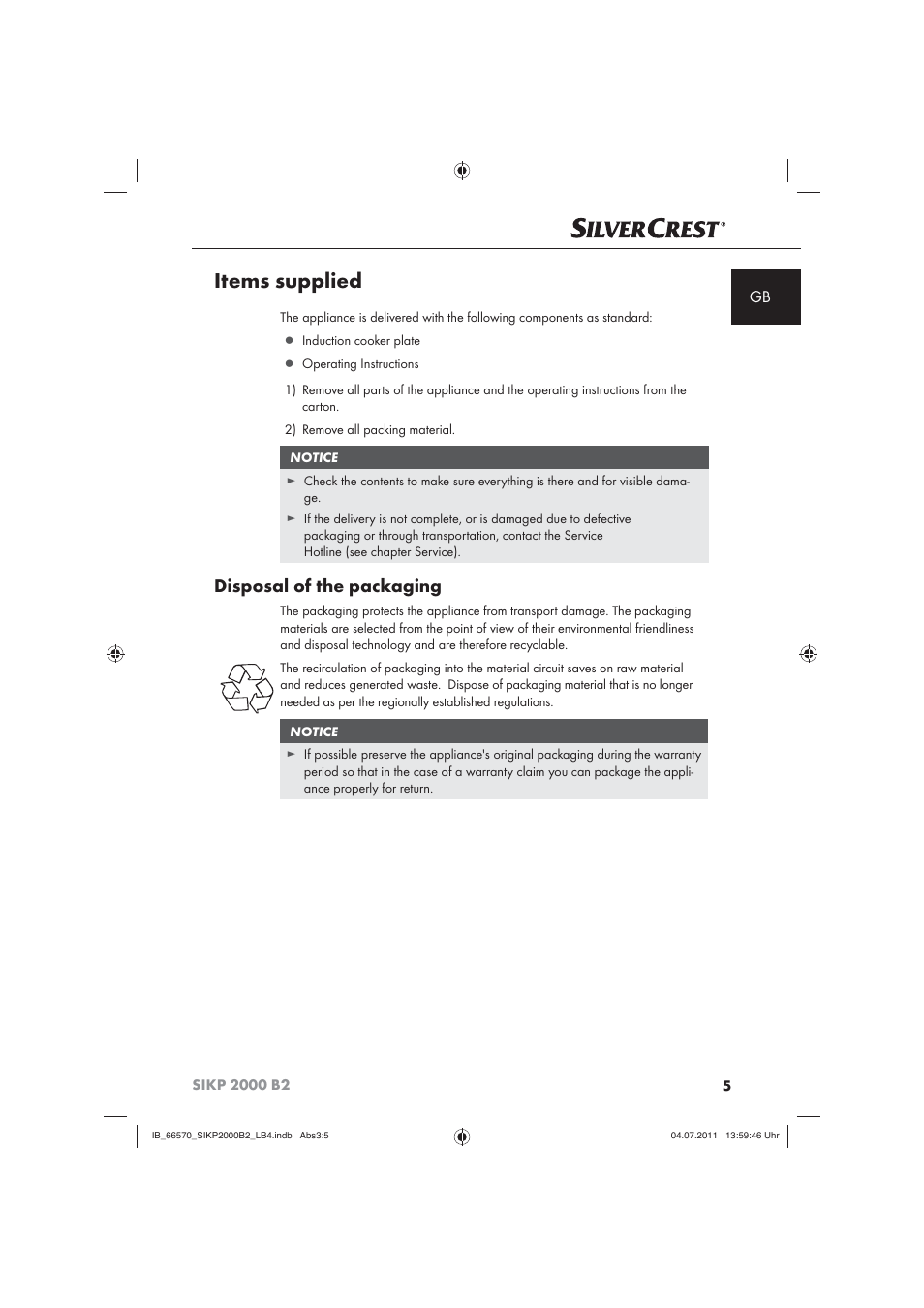 Items supplied, Disposal of the packaging | Silvercrest SIKP 2000 B2 User Manual | Page 7 / 113