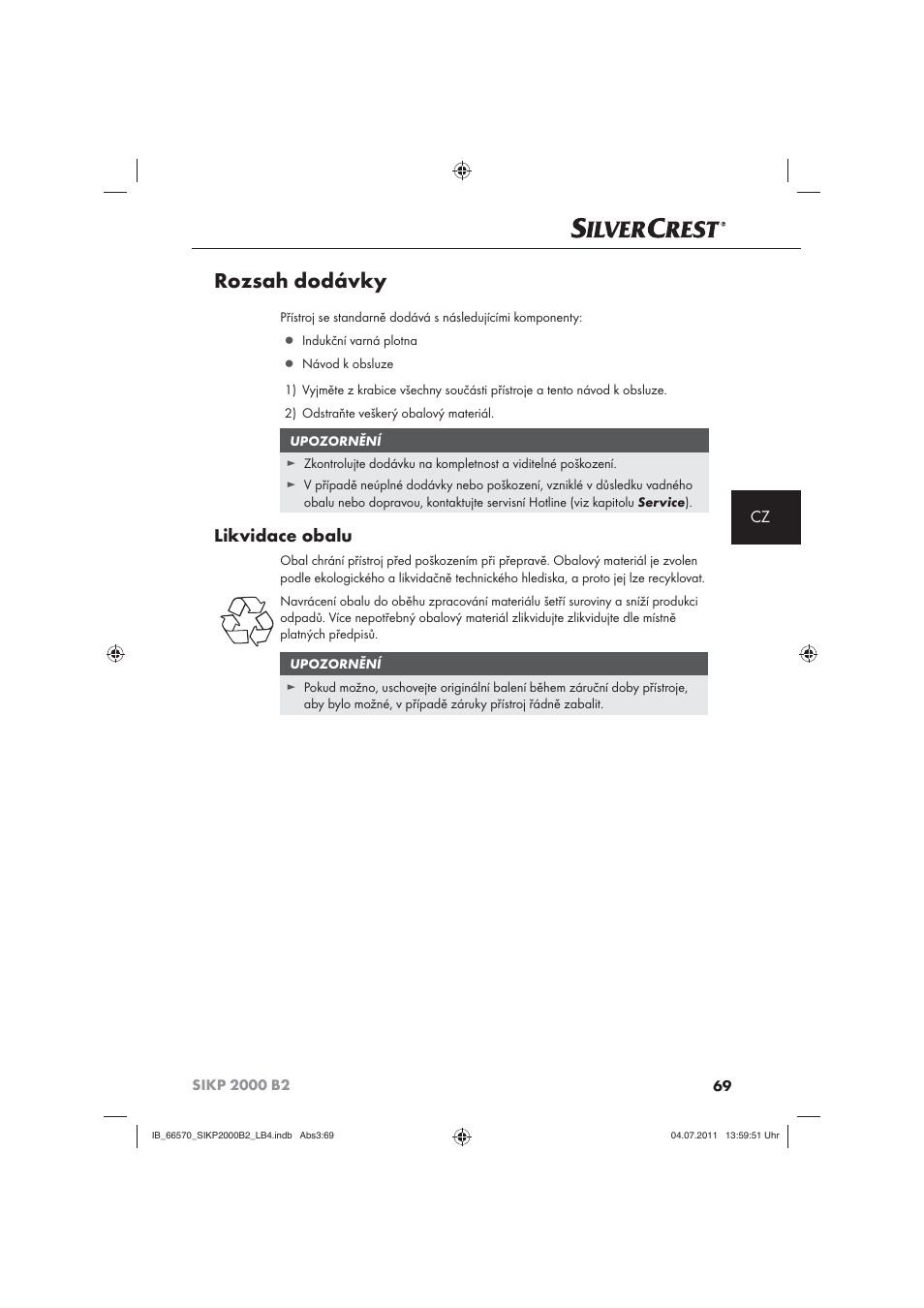 Rozsah dodávky, Likvidace obalu | Silvercrest SIKP 2000 B2 User Manual | Page 71 / 113