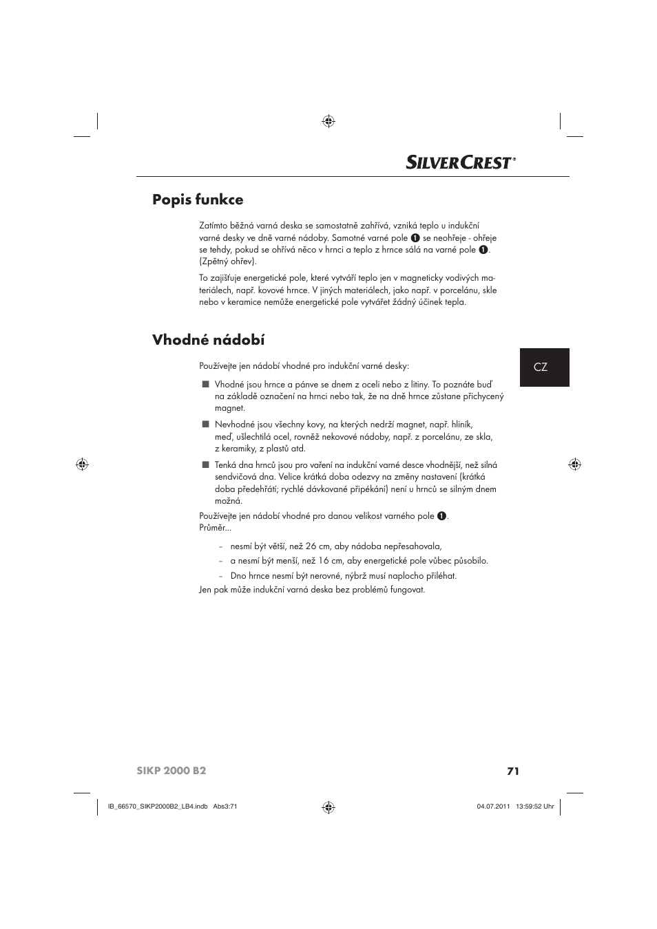 Popis funkce, Vhodné nádobí | Silvercrest SIKP 2000 B2 User Manual | Page 73 / 113
