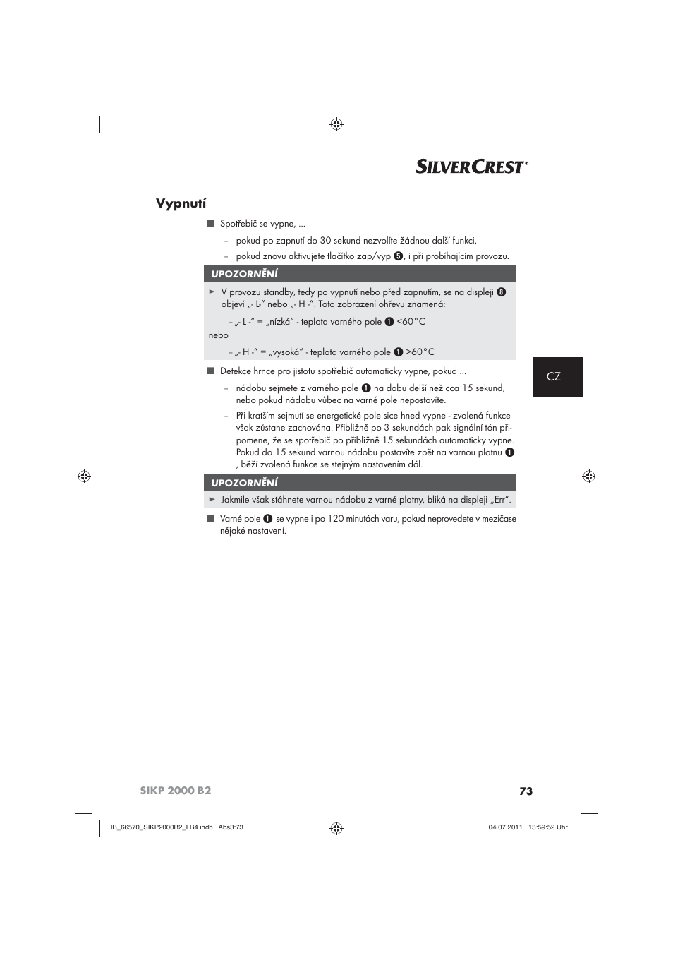 Vypnutí | Silvercrest SIKP 2000 B2 User Manual | Page 75 / 113