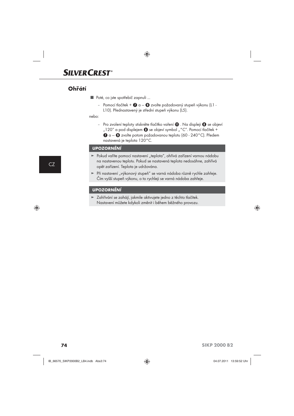 Ohřátí | Silvercrest SIKP 2000 B2 User Manual | Page 76 / 113