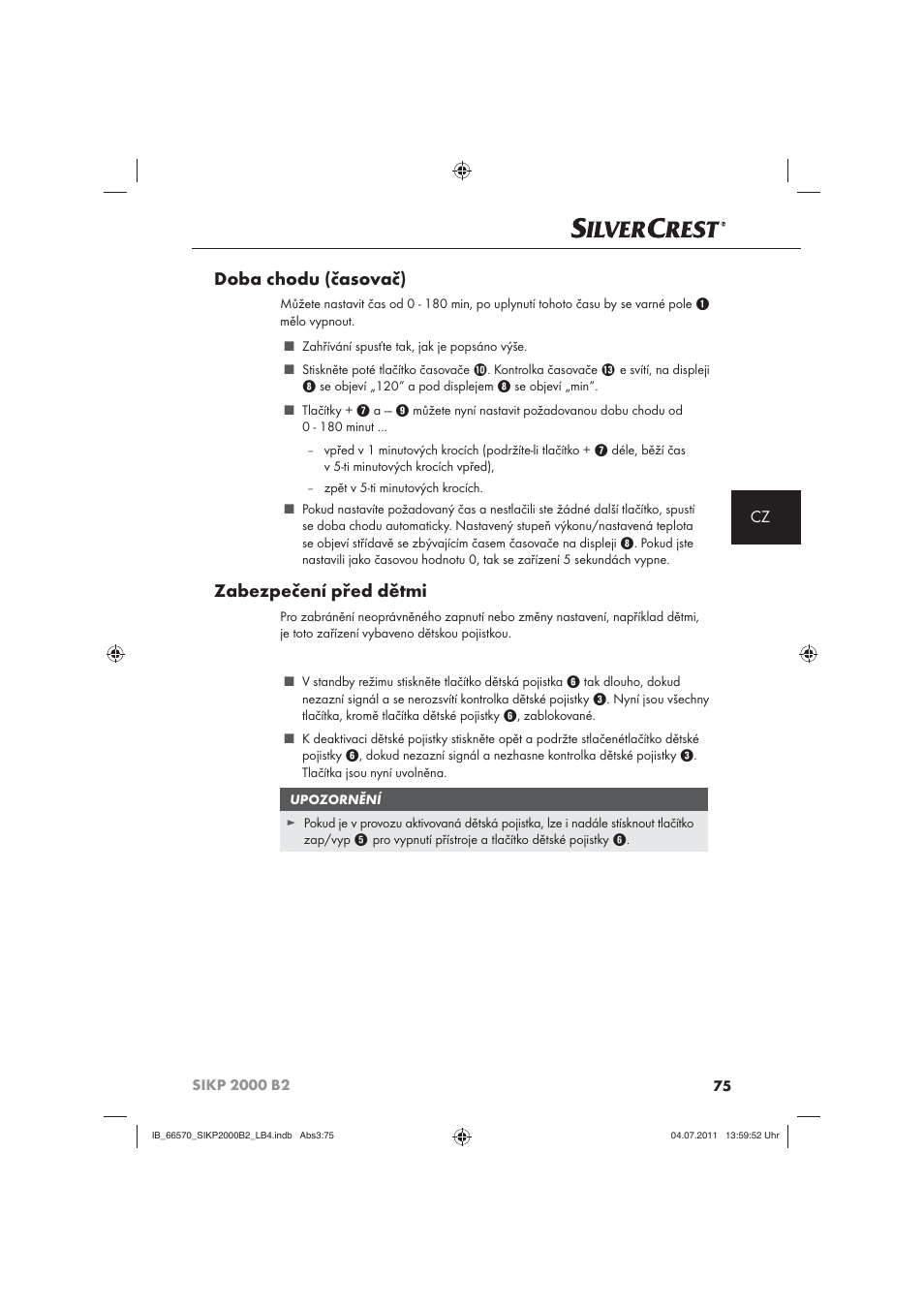 Doba chodu (časovač), Zabezpečení před dětmi | Silvercrest SIKP 2000 B2 User Manual | Page 77 / 113