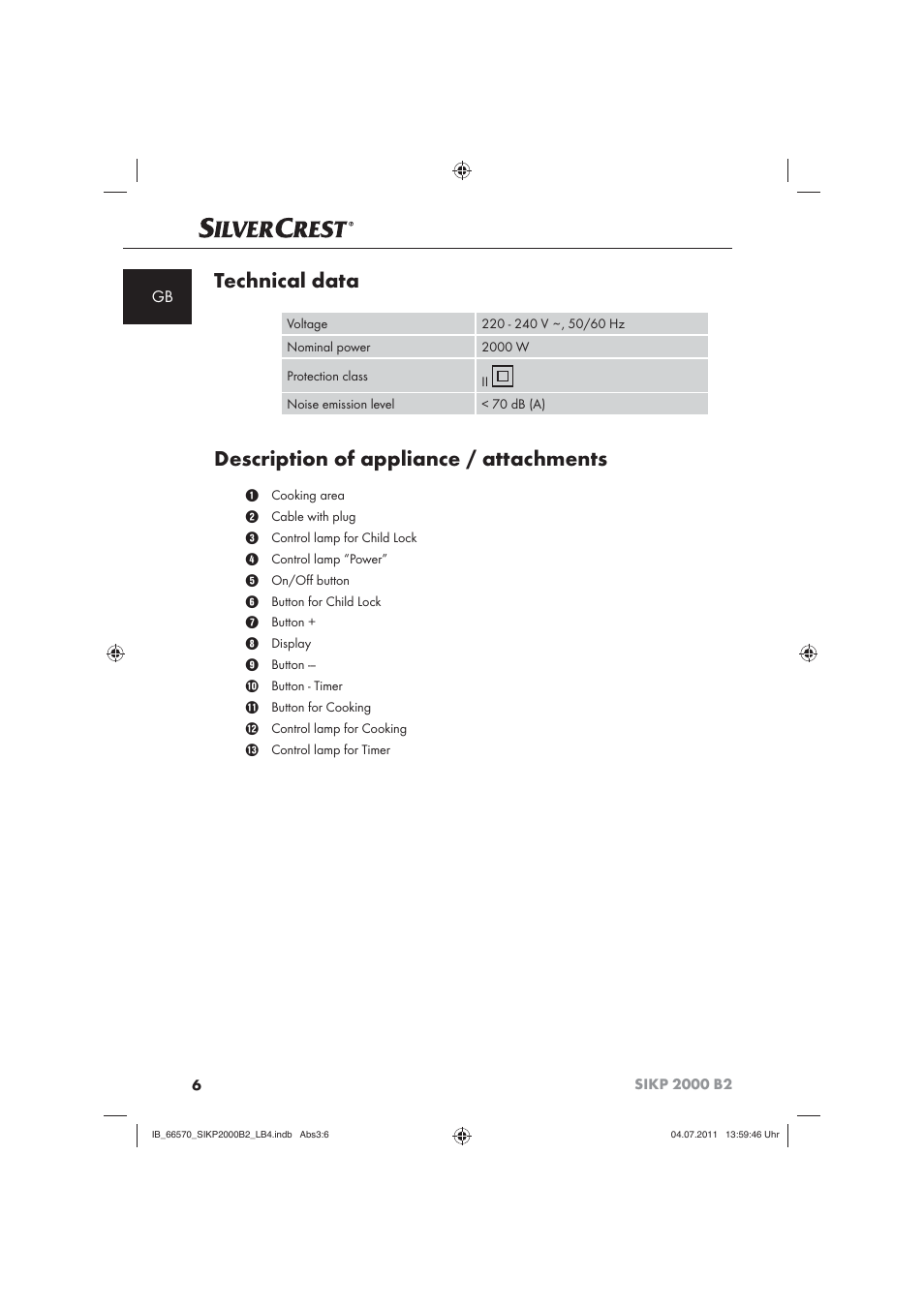 Technical data, Description of appliance / attachments | Silvercrest SIKP 2000 B2 User Manual | Page 8 / 113