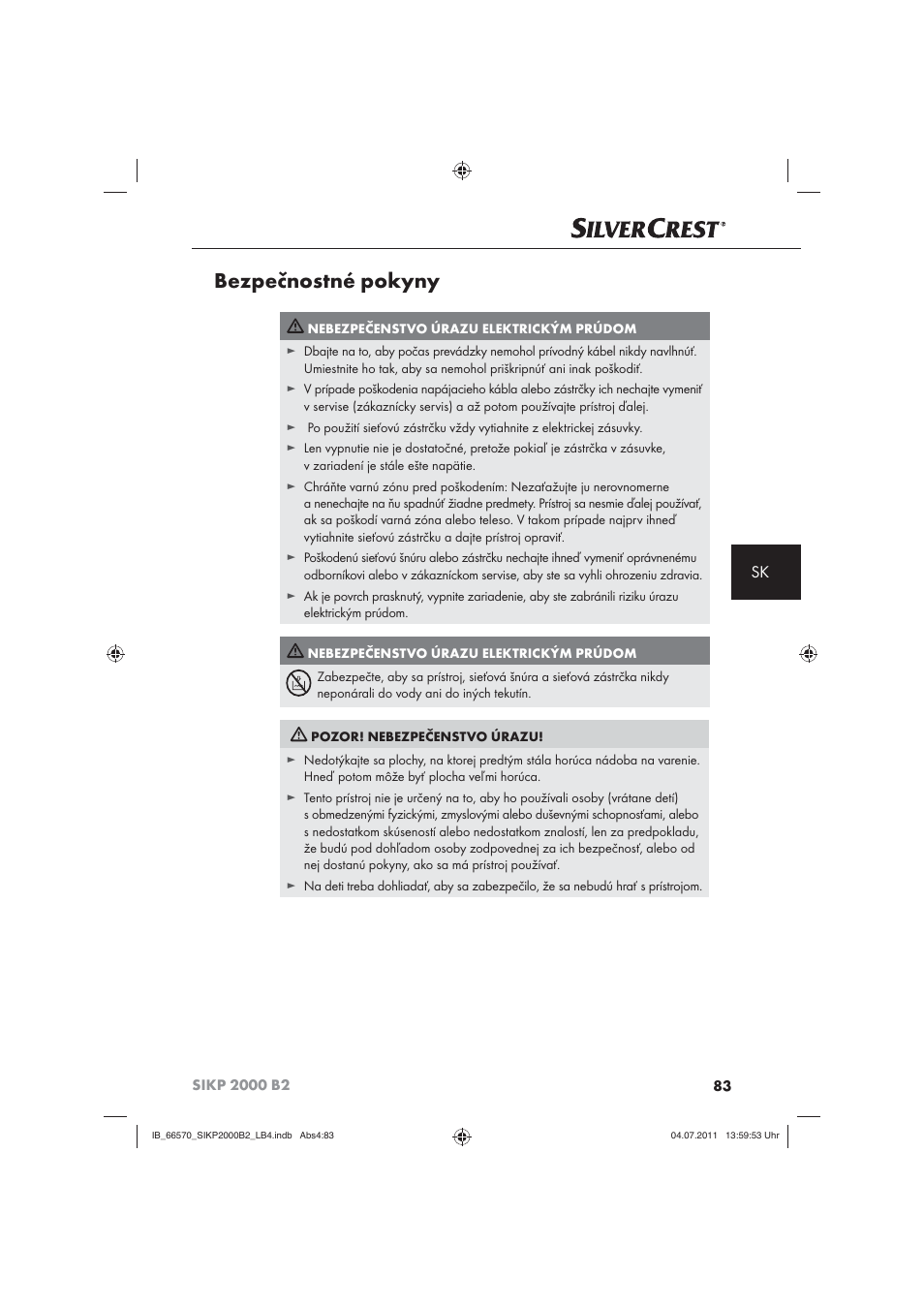Bezpečnostné pokyny | Silvercrest SIKP 2000 B2 User Manual | Page 85 / 113