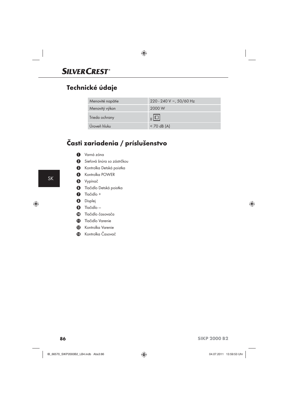 Technické údaje, Časti zariadenia / príslušenstvo | Silvercrest SIKP 2000 B2 User Manual | Page 88 / 113