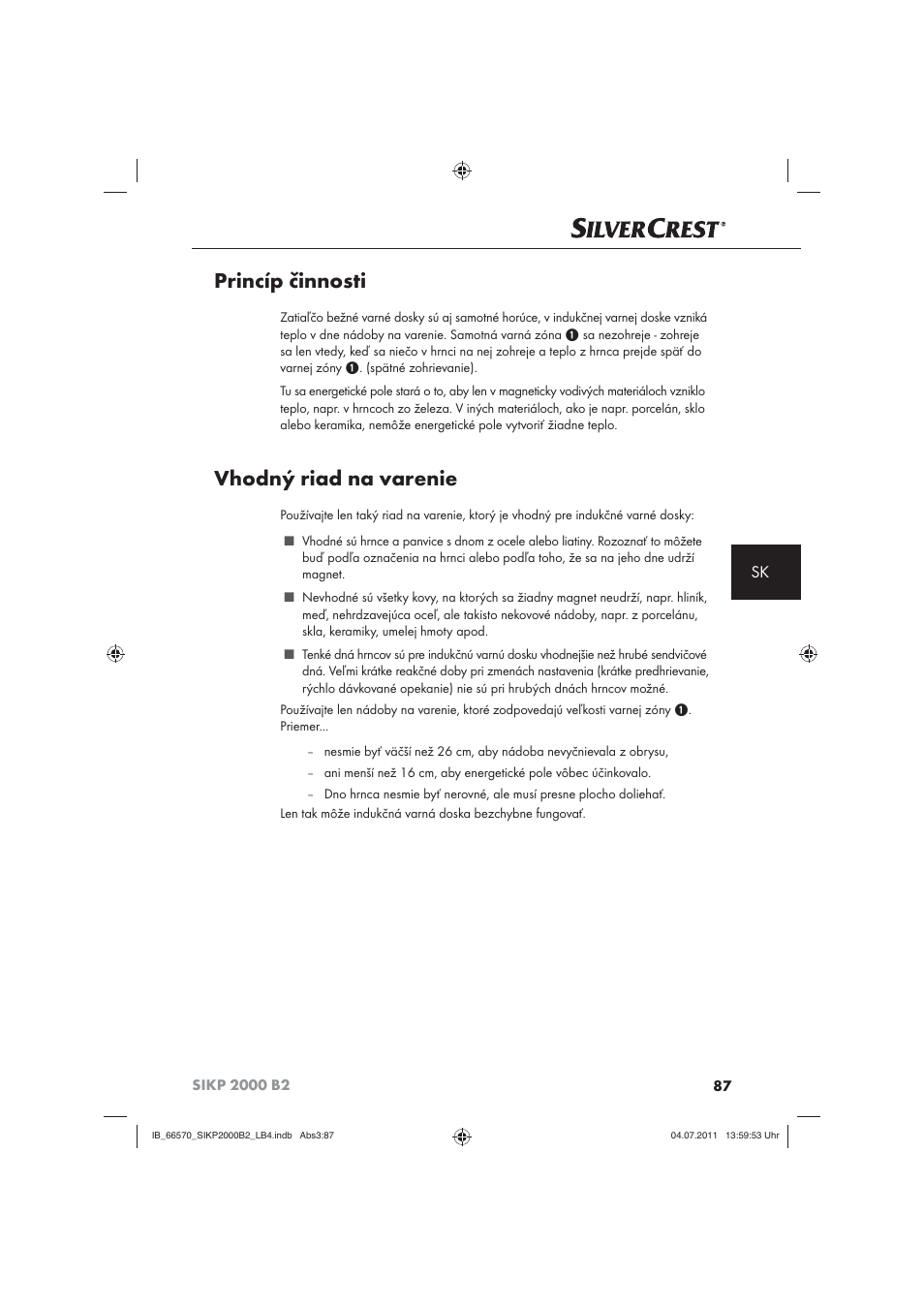 Princíp činnosti, Vhodný riad na varenie | Silvercrest SIKP 2000 B2 User Manual | Page 89 / 113