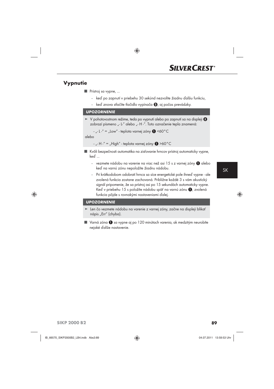Vypnutie | Silvercrest SIKP 2000 B2 User Manual | Page 91 / 113